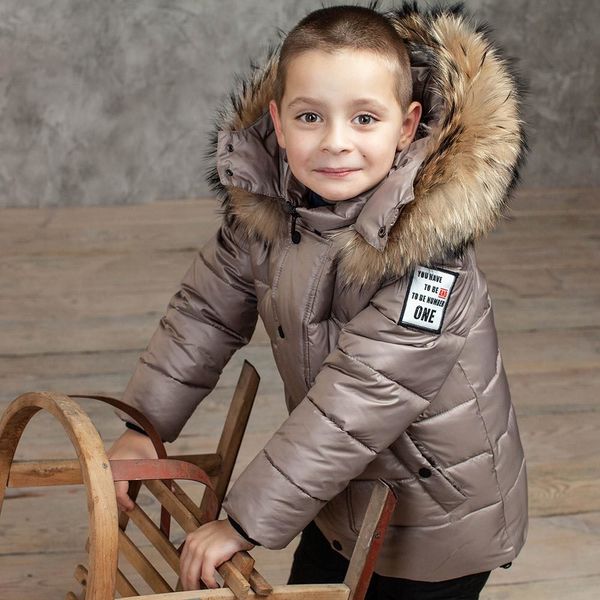 Дитячий зимовий костюм з натуральної опушенням у бежевому кольорі для хлопчика W-079-21 beige boy фото