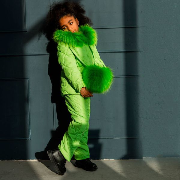 Дитячий демісезонний костюм зеленого кольору з натуральної опушкою W-0011-16 light green фото