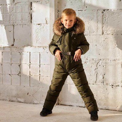 Дитячий зимовий комбінезон з натуральною опушкою для хлопчиків у кольорі хакі WK-008-19 khaki boy фото