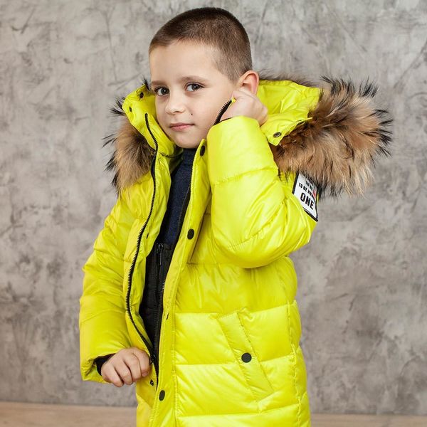 Дитячий зимовий костюм з натуральної опушенням в жовтому кольорі для хлопчика W-079-21 neon yellow boy фото