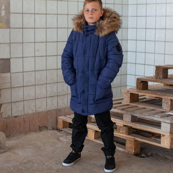Підліткове зимове пальто на хлопчика синього кольору з натуральним хутром W-0018-17 blue фото