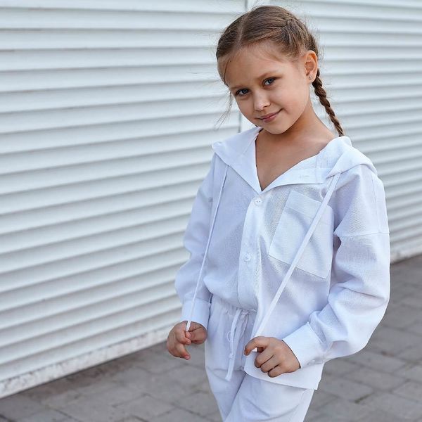 Дитячий костюм з льону для дівчаток в білому кольорі S-057-21 white girls фото
