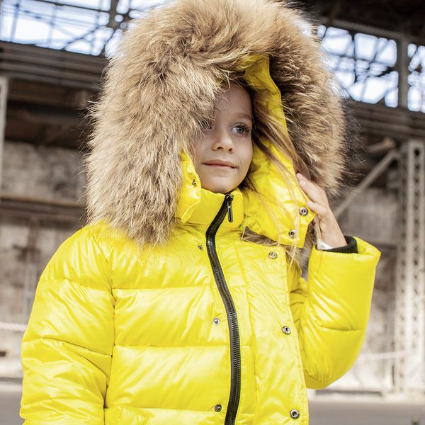 Дитяча зимова куртка з натуральної опушки неоново - жовтого кольору на дівчинку WJ-077-20 neon yellow фото