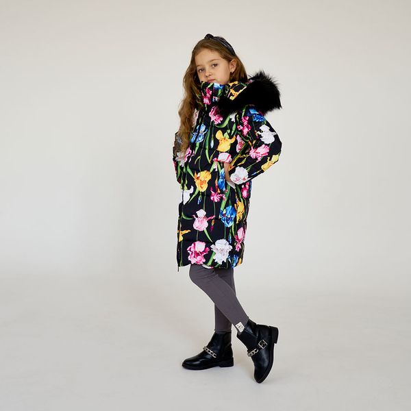 Дитяче підліткове зимове пальто з принтом іриси з натуральної опушенням W-047-21 фото
