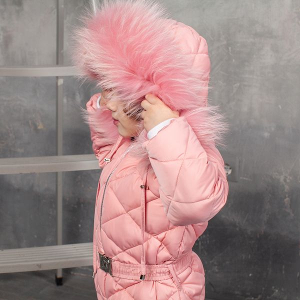 Дитячий однотонний зимовий комбінезон рожевого кольору і знімною опушкою з натурального хутра wk-007-19 powder фото