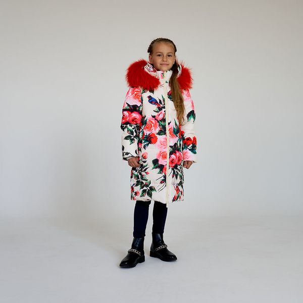 Дитяче підліткове зимове пальто з принтом троянди з натуральної опушенням W-47-21 фото