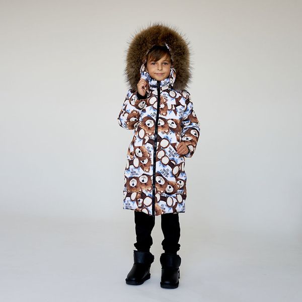 Дитяче підліткове зимове пальто з принтом ведмедика з натуральної опушенням W-047-21 фото