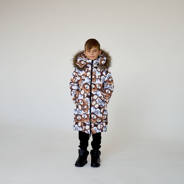 Дитяче підліткове зимове пальто з принтом ведмедика з натуральної опушенням W-047-21 фото